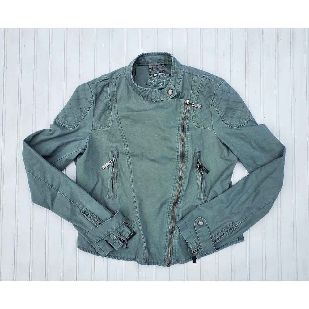 Joujou Womens Sage Green Quilted Shoulder Asymmetric Zip Moto Jacket Medium
